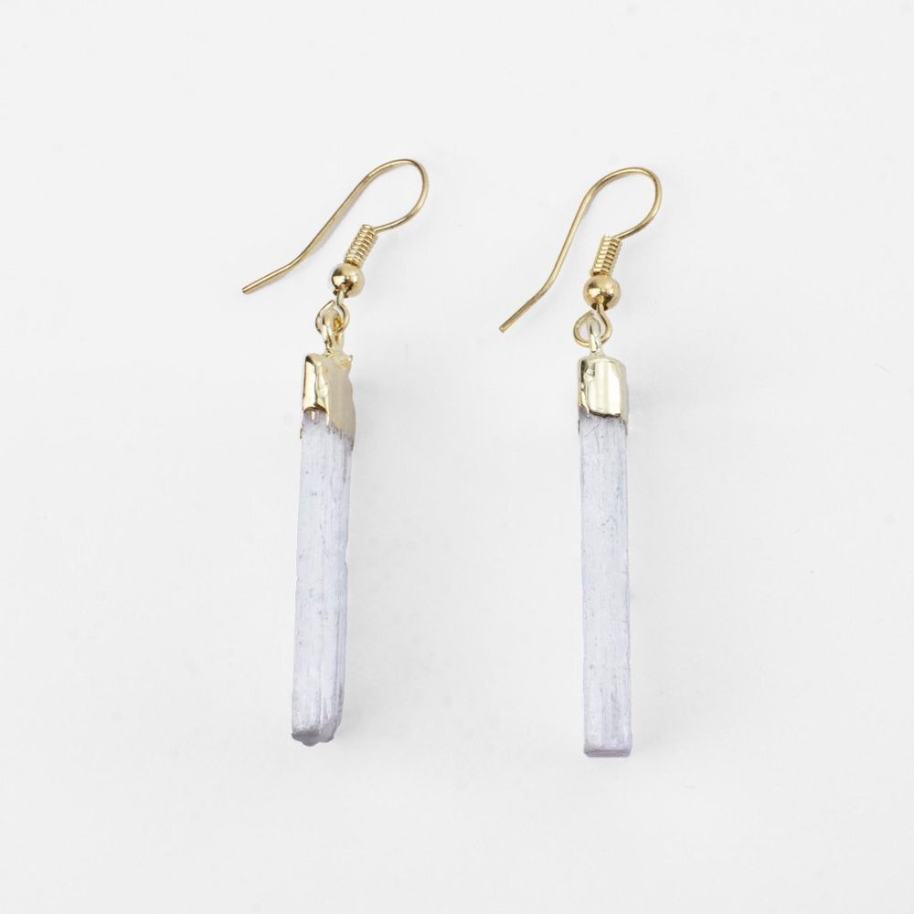Selenite White Earrings Gold Tone Dipped Crystal Women Healing Gemstone Jewelry - Picture 5 of 10